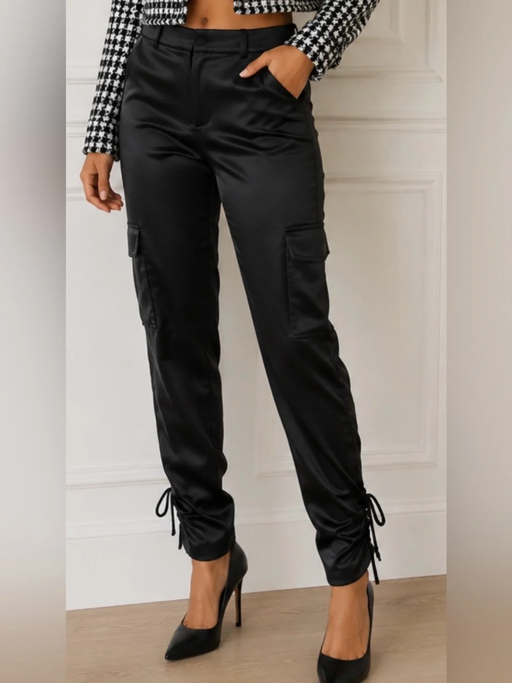 Parker Black Cargo Satin Jogger Pants - Sleek Utility Style size 2